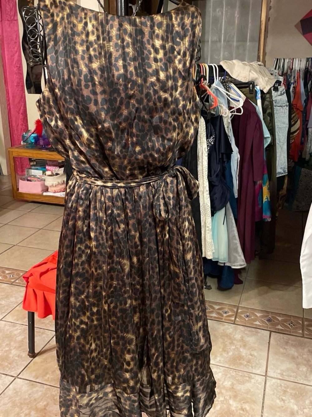 Carmen Marc Valvo Leopard Print Midi Dress in Brown and Black